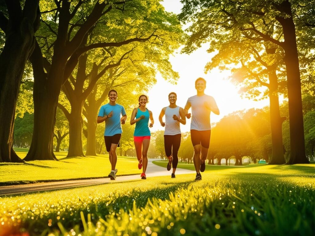 1 A serene outdoor scene of a person jogging on a tree-lined trail during sunrise. The person is mid-stride, wearing athletic gear, with sunlight breaking through the trees. The focus should be on the calm and refreshing morning atmosphere.