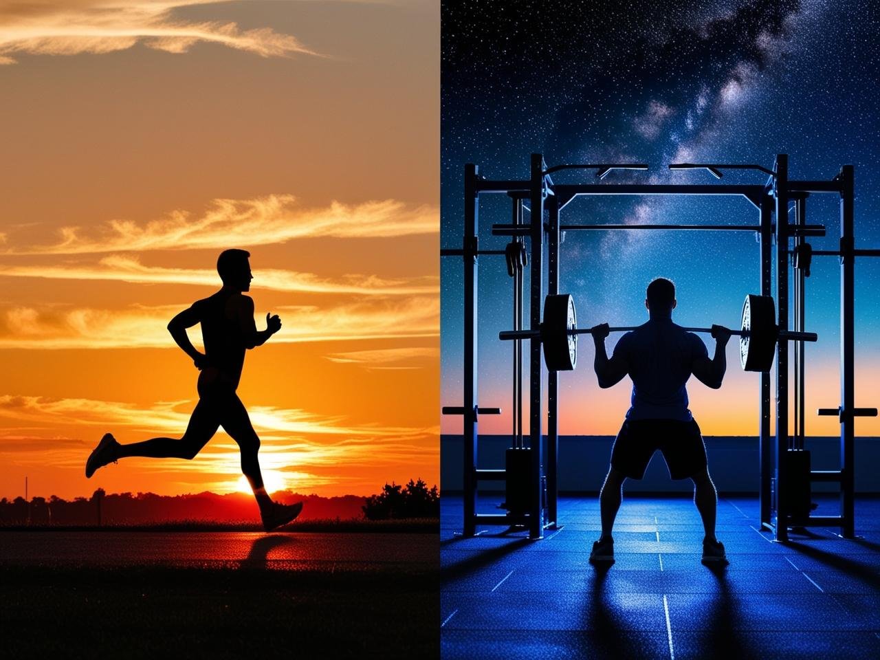A split-view scenic image of a glowing sunrise transitioning into a starry evening sky, silhouettes of a jogger on the left and a person lifting weights in a gym on the right, vibrant contrasting colors of warm orange and cool blue, detailed textures, high resolution, designed with a balanced composition for a professional blog feature image.