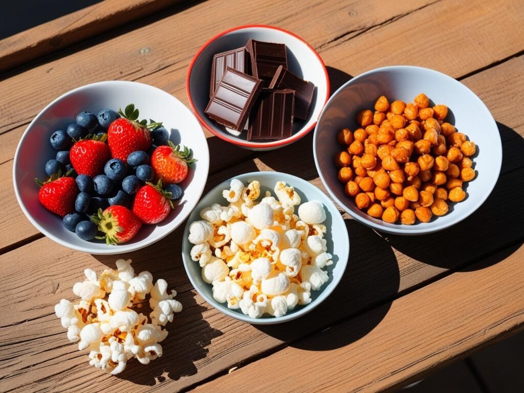 2 A colorful assortment of healthy snack options like berries, dark chocolate, roasted chickpeas, and a small bowl of air-popped popcorn. The layout is arranged on a wooden table with natural lighting.