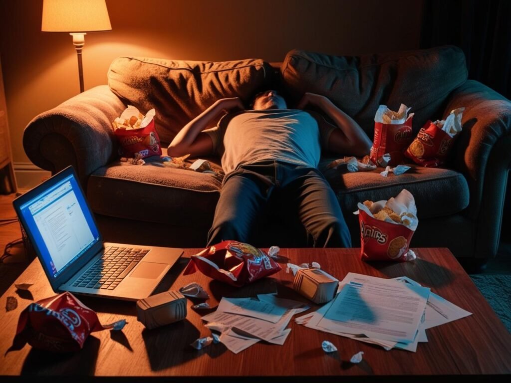 3 A person sitting on a couch at night, surrounded by empty junk food wrappers and looking stressed, with a laptop and work files on the table in front of them. The lighting is soft and moody, highlighting the late-night stress.