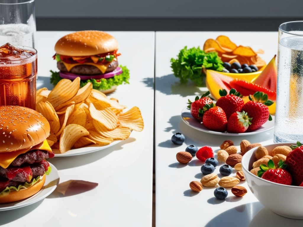 A close-up of a table with contrasting food items—on one side, junk food like burgers, chips, and sodas, and on the other side, healthy options like fruits, nuts, and water. The table is divided visually, representing the conflict between unhealthy and healthy choices.