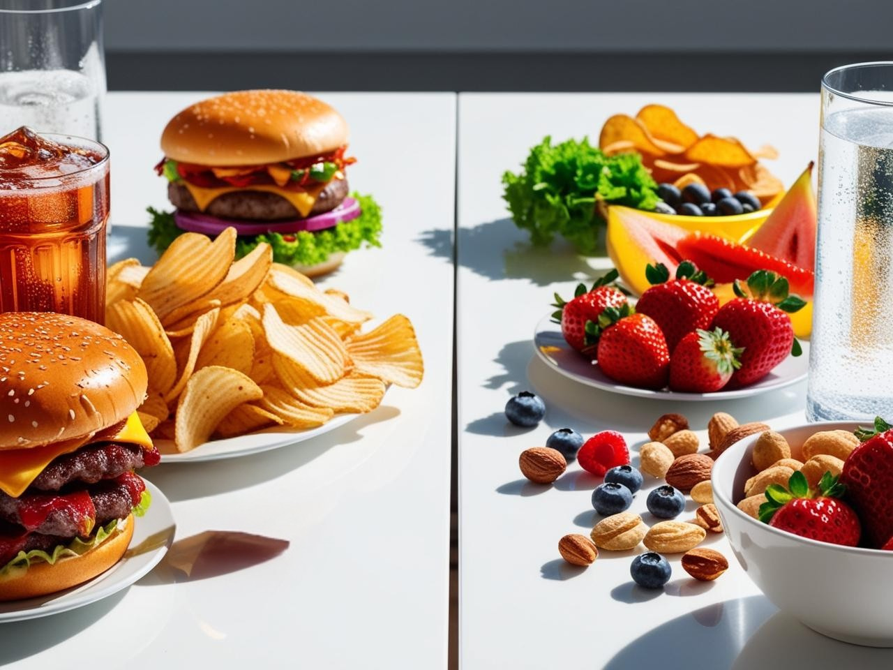 A close-up of a table with contrasting food items—on one side, junk food like burgers, chips, and sodas, and on the other side, healthy options like fruits, nuts, and water. The table is divided visually, representing the conflict between unhealthy and healthy choices.