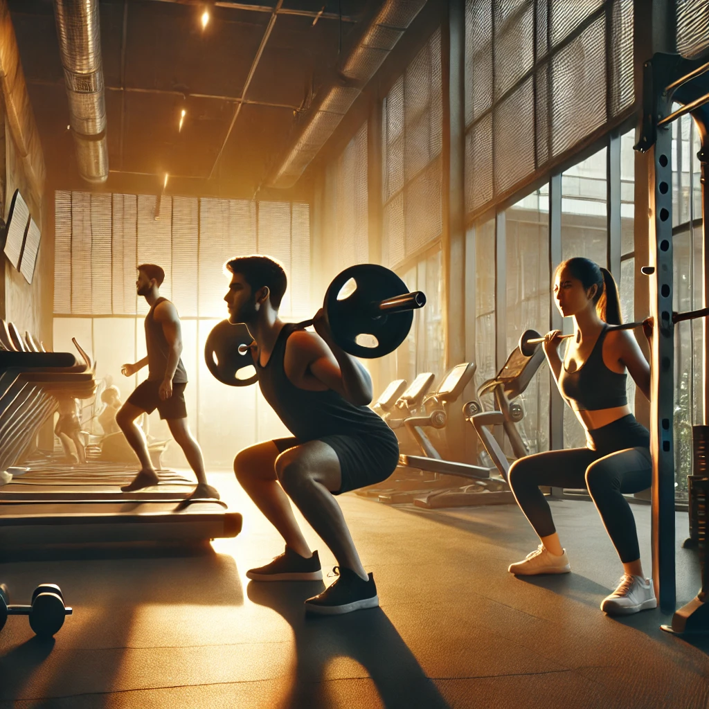 A modern gym in the evening with three individuals working out together, one squatting with a barbell, another on a treadmill, and a third lifting dumbbells, warm ambient lighting casting dynamic shadows, sleek high-tech gym equipment visible, sharp focus on their effort and determination, captured with a 50mm lens and cinematic color grading for a motivational and dynamic vibe.