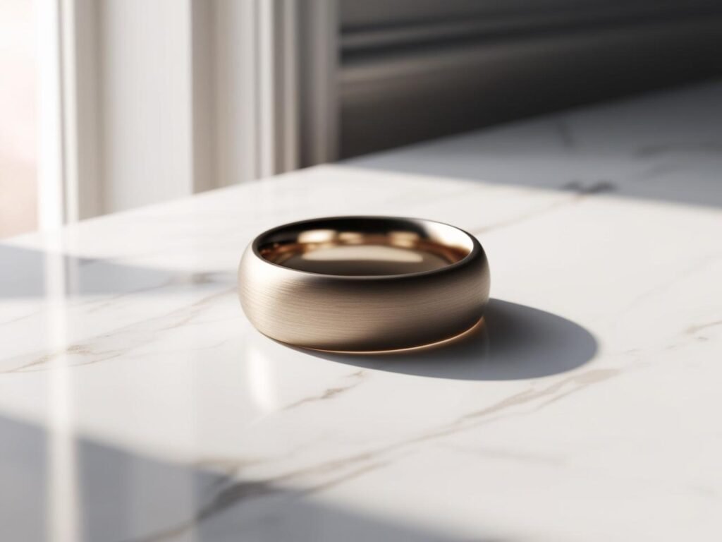 1 A minimalist smart ring placed on a white marble surface, soft lighting creating subtle shadows.
