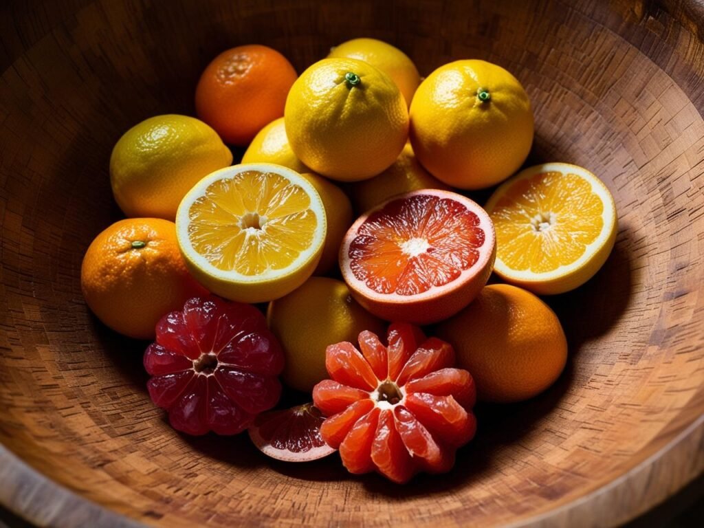 A vibrant bowl of assorted citrus fruits (oranges, lemons, limes, grapefruits) sliced open to show their juicy, colorful interiors.