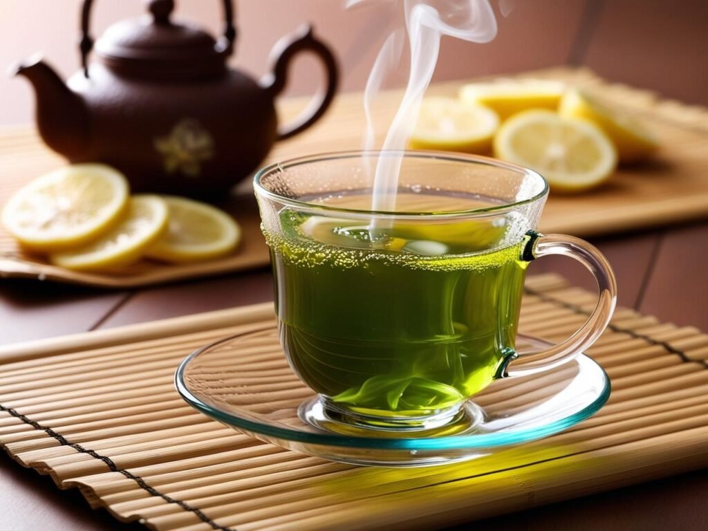 A transparent teacup filled with green tea, steam rising, with a teapot and lemon slices in the background.