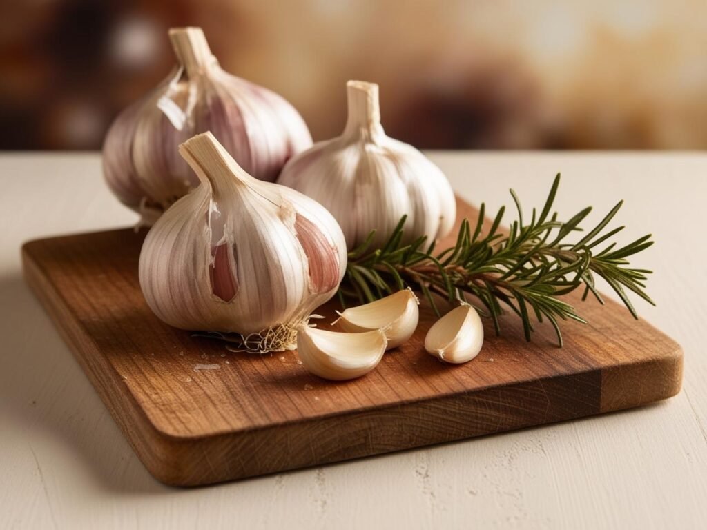 A bunch of garlic bulbs with a few cloves peeled, sitting on a cutting board with herbs like rosemary.