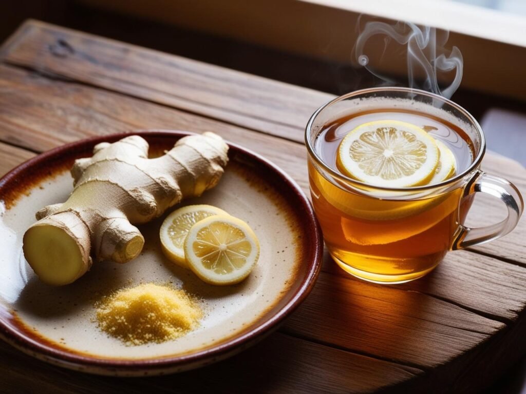 Fresh ginger root and grated ginger alongside a steaming cup of ginger tea with lemon slices.