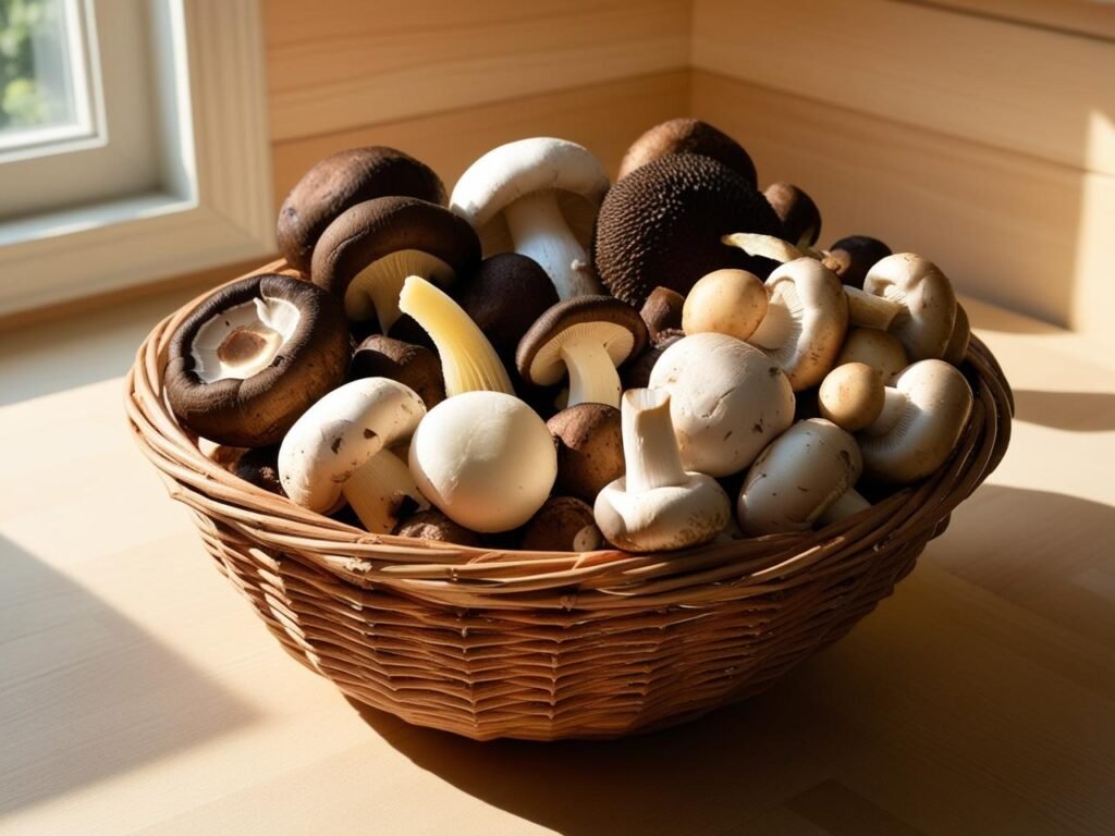 A mix of fresh mushrooms (shiitake, maitake, button) in a wicker basket on a kitchen counter.