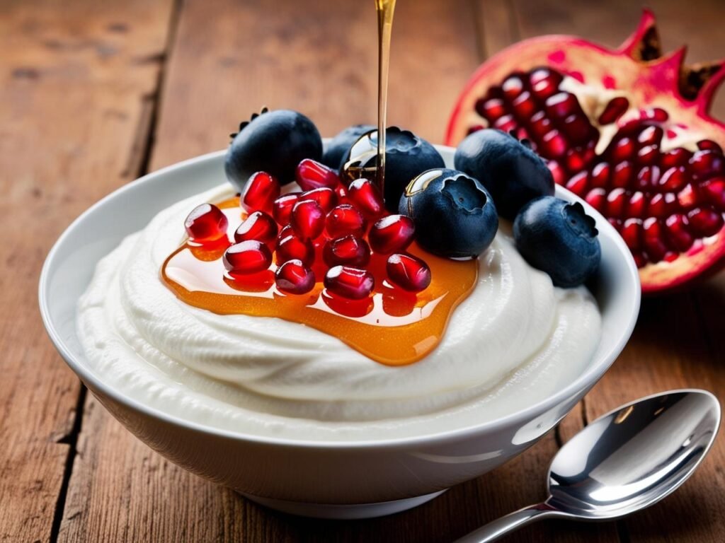 A bowl of creamy yogurt topped with honey drizzle, fresh berries, and a sprig of mint.