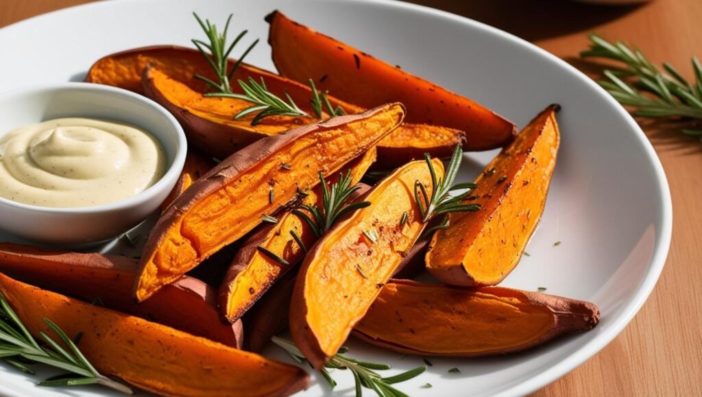 Roasted sweet potato wedges sprinkled with herbs, served on a white plate with a dip. 