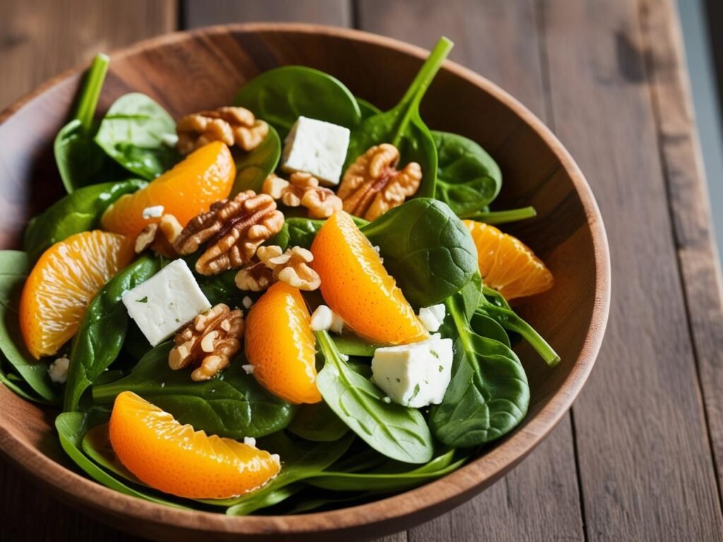 A fresh spinach salad with colorful toppings like orange segments, walnuts, and feta cheese.