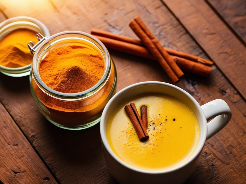 A jar of turmeric powder next to a cup of golden milk with cinnamon sticks and black pepper.