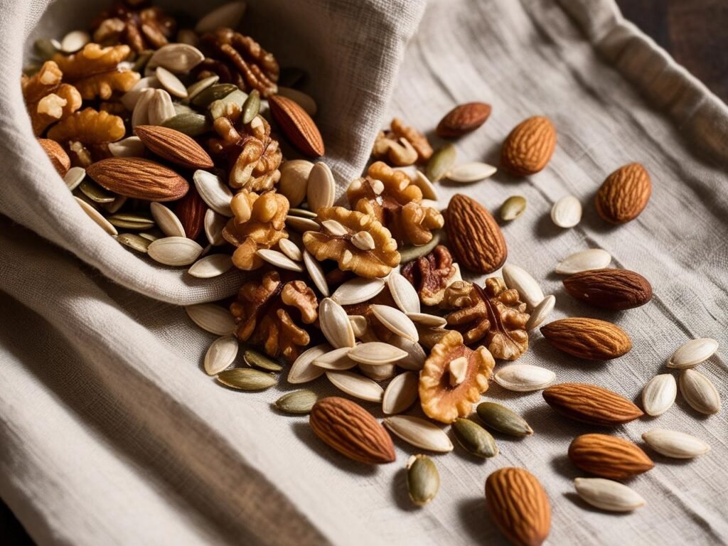  A handful of mixed nuts and seeds spilled onto a textured cloth napkin.