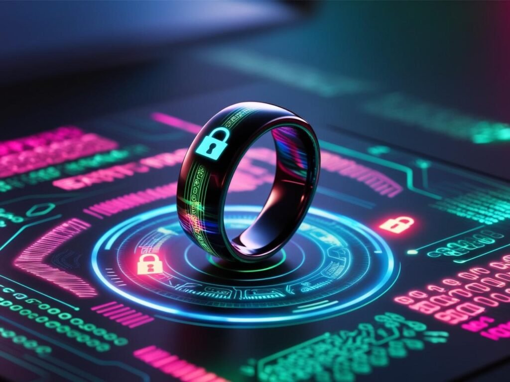A futuristic smart ring surrounded by holographic glowing locks and encrypted data streams, symbolizing privacy and security. Tech-themed, neon accents, photorealistic. A futuristic smart ring surrounded by holographic glowing locks and encrypted data streams, symbolizing privacy and security. Tech-themed, neon accents, photorealistic.