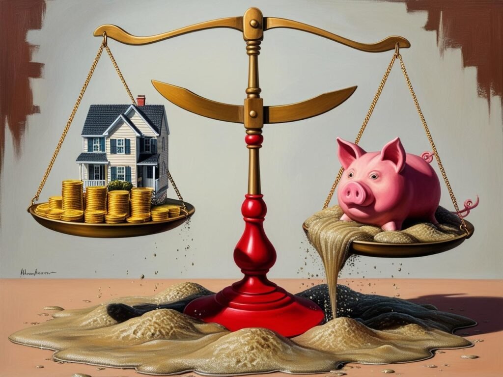 A scale balancing two items: one side with "Debt" (symbolized by a house or real estate) and "Taxes" (represented as gold coins), and the other side with "Savings" (a piggy bank sinking in quicksand).