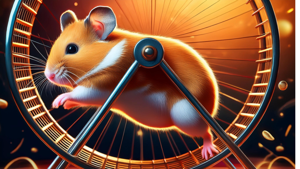 A cartoonish depiction of a hamster on a wheel, symbolizing the repetitive cycle 