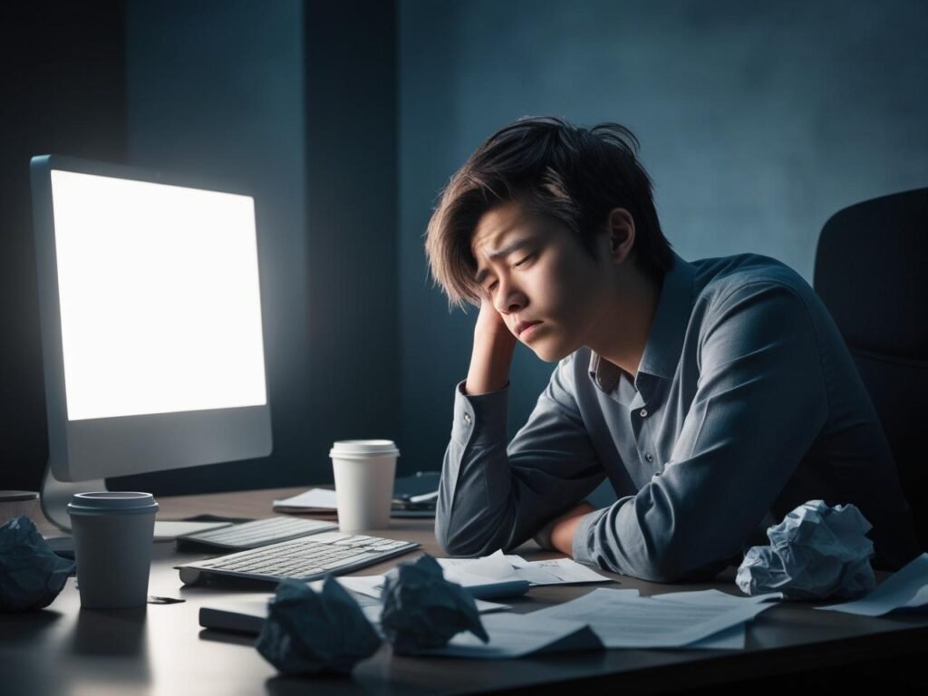 A moody image of someone sitting at their desk, overwhelmed and staring blankly at a computer screen, with visible signs of anxiety.