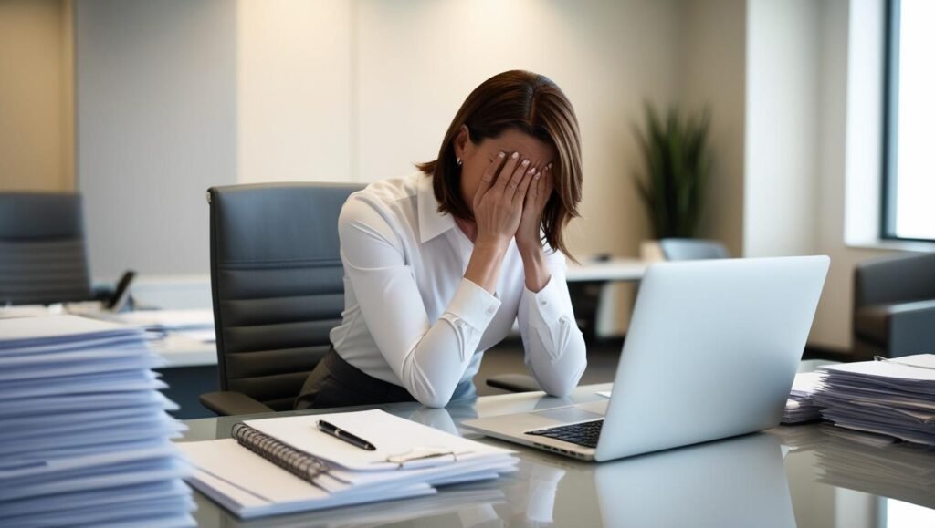 A professional workplace scene where stress is visually depicted—like an employee sitting at a cluttered desk, holding their head with paperwork piled around them.