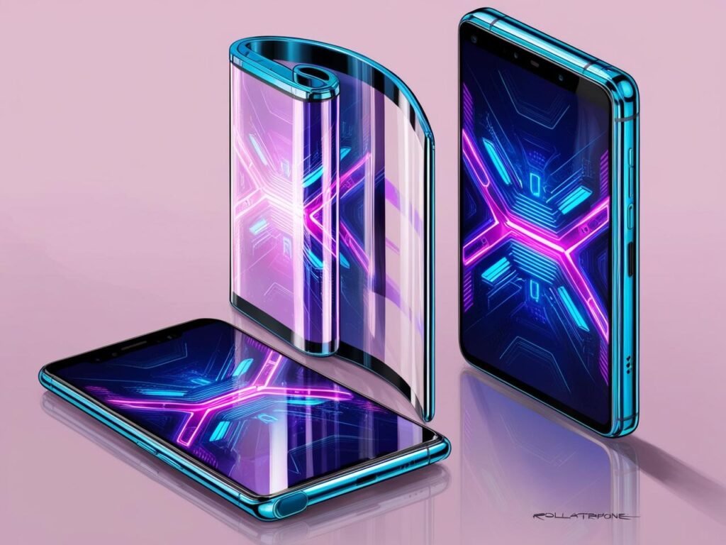A conceptual image of a rollable smartphone with a transparent screen, glowing futuristic UI, and a seamless transition from phone to tablet mode, cyberpunk style, neon accents.