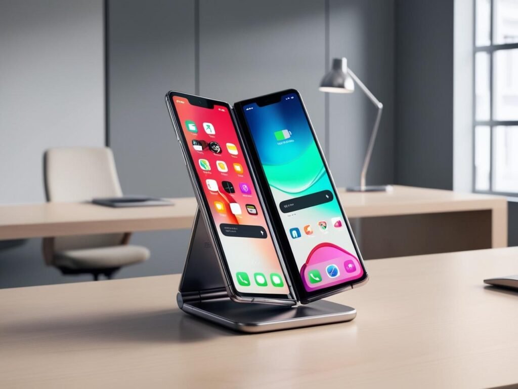 A futuristic foldable smartphone with a vibrant split-screen display showing multiple apps running simultaneously, surrounded by a minimalistic office desk setup, hyper-realistic style.