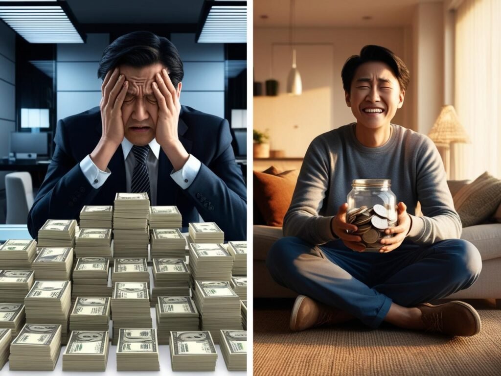 1 (2) A split-screen image—on one side, a stressed-out businessman drowning in money but looking anxious; on the other side, a regular person with a modest amount of savings, smiling and relaxed.