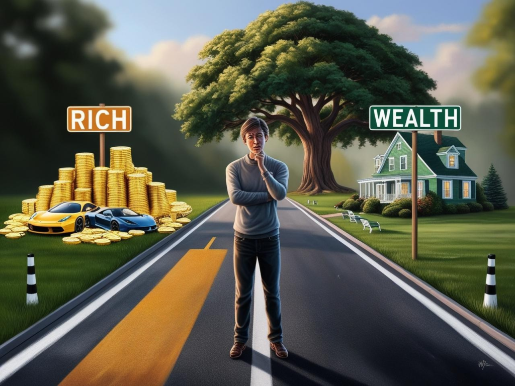 Untitled design A visually engaging image showing a person standing at a crossroads—one path leads to a pile of cash labeled “Rich,” and the other leads to a peaceful home with a growing tree labeled “Wealth.” The person looks indecisive, symbolizing the choice between short-term riches and long-term financial stability.