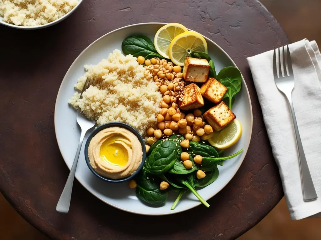 a dish a delicious, vibrant plant-based meal featuring high-protein ingredients like quinoa, chickpeas, lentils, tofu, and fresh vegetables.